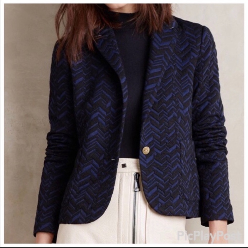 Anthropologie Cartonnier Blue & Black Chevron Fitted Blazer